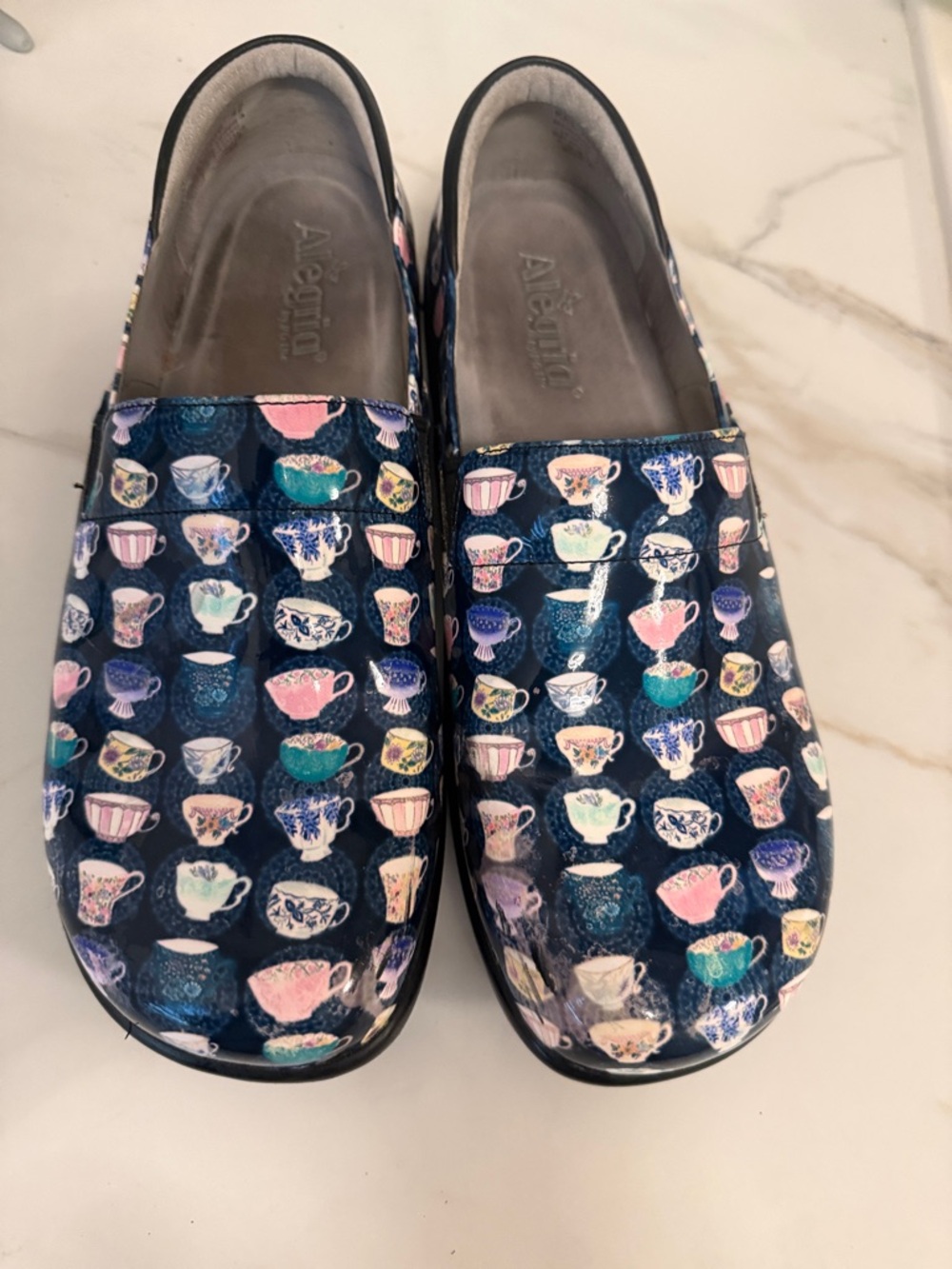 Alegria Navy Teacup Print Clogs with Pink and Teal Accents - Women
